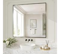 Espejo de baño de 90x90 cm, espejo de pared con cristal templado resistente a roturas, espejo para baño resistente a la corrosión, ideal para baño, dormitorio, sala de estar, recibidor, color