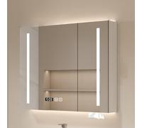 Espejo de baño LED antivaho montado en la pared con pantalla de temperatura y solución de almacenamiento elegante para espacios modernos, ideal para baños pequeños