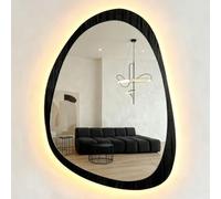 Espejo de baño LED de 60 x 80 cm, retroiluminado, antiempañamiento, con interruptor táctil, diseño irregular, nogal y marco negro, iluminación elegante para baños modernos