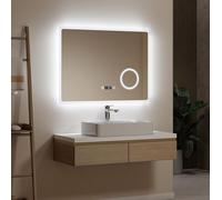 Espejo de baño LED EMKE con aumento de 3x, interruptor táctil, luz blanca fría, dimensiones 80 x 60 cm, antiniebla y reloj