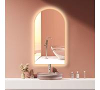 Espejo de baño LED HOKO® con forma de arco, antiniebla, de 50x90 cm o 90x50 cm, modelo San Diego, con marco de metal dorado. Montaje vertical u horizontal. Interruptor táctil con función de cambio de