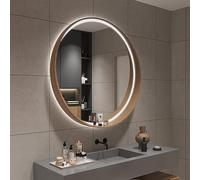 Espejo de baño redondo de madera LED - Luz ajustable de 3 colores, reflejo HD, elegante decoración de pared para baños modernos, perfecto para uso doméstico y de tocador