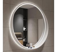 Espejo de baño Redondo LED Vintage con Marco de Madera Blanca, iluminación Regulable de 3 Colores, Interruptor táctil antivaho | Espejo de tocador de Pared para Maquillaje, decoración de Sal