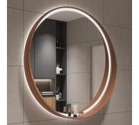 Espejo de baño Redondo LED Vintage con Marco de Madera de Nogal, iluminación Regulable de 3 Colores, Interruptor táctil antivaho | Espejo de tocador de Pared para Maquillaje, decoración de s