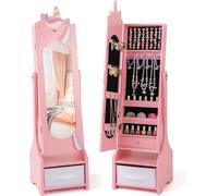 Espejo de maquillaje de madera con ajuste de inclinación, ideal para niños a partir de 3 años (rosa, diseño de unicornio). Espejo de pie independiente con armario para joyas y caja de tela