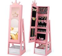 Espejo de maquillaje infantil de madera independiente, con armario, caja para guardar objetos y estante, para niños a partir de 3 años (no giratorio, color rosa)