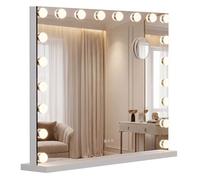CLP Espejo de Maquillaje con Iluminación 80x60 cm Norlina, Altavoz Bluetooth, USB, Estilo Hollywood, Montaje en Pared o de Pie, Color:Blanco, Contenido del Set:con Bluetooth