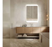 Espejo de pared LED HOKO, 60x80 cm: Espejo moderno para baño con iluminación, función antiniebla y reloj digital