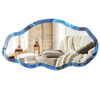 Espejo de pared moderno con un borde decorativo, de 90x45 cm. Espejo asimétrico de forma libre, una decoración original para salón, recibidor y dormitorio. Diseño abstracto en azul