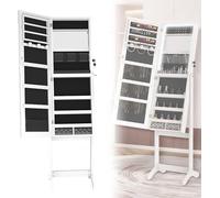 Espejo de pie con armario para joyas, con iluminación LED. Organizador de maquillaje, espejo de cuerpo entero, armario para guardar joyas, ideal para anillos, collares y pulseras, color blanco