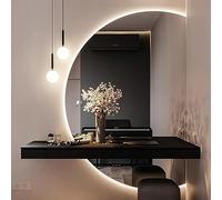 Espejo de tocador retroiluminado LED antiniebla para baño y decoración del hogar, diseño de media luna, botón táctil de luz de 3 colores, corte derecho, longitud completa, perfecto acento de entrada
