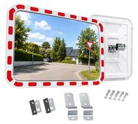 Espejo de tráfico Relaxdays, 40x60 cm, con soporte de tubo, borde reflectorizante, para uso en exteriores, espejo de seguridad de forma rectangular, blanco/rojo