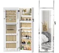Espejo Joyero de Pared con Luces LED y Cerradura Armario de Joyas para Colgar en la Pared o en la Puerta Blanco BLANCO
