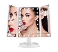 Espejo Maquillaje Con Luz Led | Con 22 Luces y Aumento x1 x2 x3 y x10 |Triple Pliegue y Pantalla Táctil | Con Batería O Cable Usb Incluido | Regalo Ideal Para Tocador Mujer y Hombre. Color Blanco.