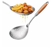 Espumadera de acero inoxidable con mango de madera, cuchara ranurada grande mejorada con mango de madera extendido resistente al calor for freír pasta, fideos, cocinar con drenaje de aceite