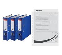 Esselte 624291 - Archivador anillas (Capacidad 550 hojas, 3uds), azul, 75mm +Funda de Plástico A4 Perforada, Transparente Mate, Abertura Superior, Polipropileno de 43 Micras, Caja de 100, 56133