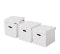 Esselte Caja de Cartón Cuadrada para Almacenaje con Tapa, Pack de 3, Almacenaje y Organización para la Oficina y Casa, 100% Cartón Reciclado, 100% Reciclable, Diseño Geométrico, Blanco, 628288