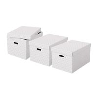 Esselte Caja Grande de Cartón para Almacenaje y Regalos con Tapa, Pack de 3, Almacenaje y Organización para la Oficina y Casa, 100% Cartón Reciclado, 100% Reciclable, Diseño Geométrico, Blanco, 628286