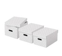 Esselte Caja Mediana de Cartón para Almacenaje y Regalos con Tapa, Pack de 3, Almacenaje y Organización para la Oficina y Casa, 100% Cartón Reciclado y Reciclable, Diseño Geométrico, Blanco, 628282