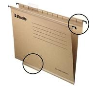 Esselte classic folio prolongado carpeta colgante reforzada - caja de 50 - 10 veces mas resistente - natural - visores de plastico transparente - etiquetas blancas - 100% carton kraft reciclado
