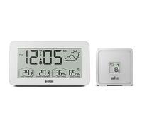 Estación meteorológica y reloj digital controlado por radio Braun para la zona horaria de Europa Central (DCF) con temperatura y humedad, pronóstico del tiempo, pantalla LCD, blanco, modelo BC13WP-DCF