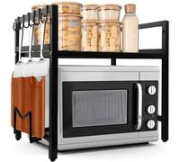 Estante de cocina ajustable Ibenzoa® para microondas: telescópico, con ajuste de altura y profundidad, fabricado en acero reforzado, capacidad de carga de 75 kg, 6 ganchos, y estante lateral