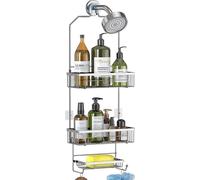 Estante de ducha Unyqoos® sin necesidad de taladro, de acero inoxidable, con 2 cestos, soporte para afeitadora y compartimento para jabón, con borde antideslizante, color plateado, 36 x 11 x 71 cm