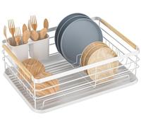 Estante de escurreplatos para vajilla con recipiente para cubiertos, en color blanco