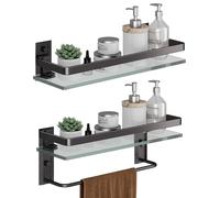 Estante de pared para baño con barra para toallas, de 2 niveles, vidrio templado, color mate