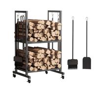 Estante de Registro de Chimenea con 4 Herramientas 50x40x82cm, Estante de Leña para Chimenea 2 Niveles Leñero Exterior e Interior Metálico, Negro