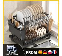Estante de secado de acero al carbono de doble capa con sistema de drenaje automático, ideal para platos, tablas de cortar, con portavasos y