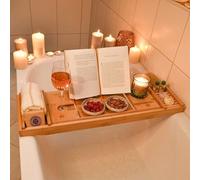 Estante para bañera Unyqoos® de bambú, ajustable de 75 a 115 cm de ancho, 4,5 cm de profundidad y 23 cm de alto, color natural, con soporte para copas, compartimento para jabón y cepillo para el pelo
