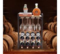Estante para botellas de vino Unyqoos®, para 8 botellas, de 4 niveles, independiente, con soporte para copas y superficie de apoyo, placa de madera escandinava, estructura de acero con revestimiento d