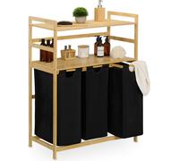 Estante para cesto de ropa Relaxdays con 2 estantes, 3 compartimentos extraíbles para ropa, dimensiones: 105 x 80 x 40 cm, estante para ropa, color natural/