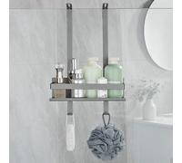 Estante para ducha Unyqoos® – Cesta doble de acero inoxidable de 25 x 5,5 x 6 cm, sin necesidad de taladrar, con 2 ganchos y 2 ventosas, para paredes de ducha de hasta 7,5 cm de grosor, color gris
