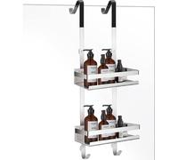 Estante para ducha Unyqoos® de acero inoxidable SUS304, sin necesidad de taladrar: doble cesta con orificio de drenaje y protección anticaídas, 2 ganchos, ventosas de silicona para champú y gel de duc