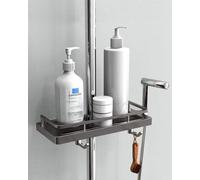 Estante para ducha Unyqoos® para colgar sin necesidad de taladro – Estante de ducha con 2 ganchos y soporte para cabezal de ducha, ABS, 27x11,7x4,2 cm, para barras de 18-25 mm, color gris oscuro