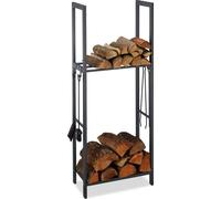 Estante para leña Relaxdays con 2 estantes, fabricado en acero, 4 ganchos para utensilios de chimenea, estante para leña con dimensiones de 150x60x30 cm, color antracita