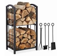 Estante para leña Relaxdays con utensilios, 2 estantes, acero, juego de herramientas para chimenea de 4 piezas (pala, escoba, pinzas y gancho), color