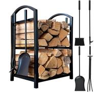 Estante para leña Unyqoos® de acero, color mate, 45 x 30 x 74 cm. Estante resistente para leña, apto para interior y exterior, incluye pinzas, cepillo, pala y gancho para chimenea