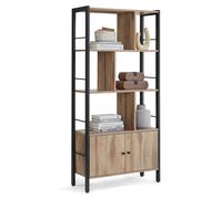 Estantería alta con puertas y 4 estantes, fabricada en MDF y acero, con dimensiones de 154x74x30 cm