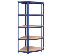 Estantería angular – 5 niveles – Acero y madera azules – Ahorro de espacio – Mueble de almacenamiento para interiores