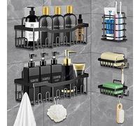 Estanteria baño, Estanteria baño sin taladro, paquete de 5 estantes de ducha de acero inoxidable con ganchos y soporte para pasta de dientes, para baño, dormitorio y cocina, negro