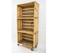 Estantería con 3 Cajas de Madera Natural Tipo Fruta Vertical con Ruedas Rojas Sam, Cajas Naturales, Beige, 50x32x110CM. Incluye Imán Personalizable de Madera.