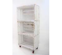 Estantería con 3 Cajas de Madera Pintada Blanco Vintage Tipo Fruta Vertical con Ruedas Rojas Sam, Cajas Blanco Vintage, 50x32x110CM. Incluye Imán Personalizable de Madera.