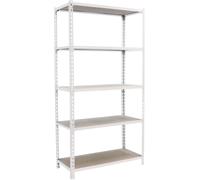 Estantería de alta capacidad de Simonrack para almacenes y sótanos, de 200x110x30 cm, estantería metálica con capacidad de carga de 90 kg, con 5 estantes de madera, color blanco/madera – Maderclick