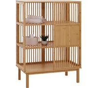 Estantería de bambú HWC-N81, mueble para baño, armario de baño, estante para baño, cómoda, con 3 estantes, puerta corredera, certificación , 115x80x45 cm