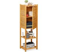 Estantería de bambú para baño - 5 estantes - Con puerta - De pie - Para baño y cocina - Mueble estrecho para baño - 113 x 35 x 29 cm - Color natural - 1 unidad