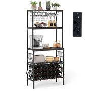 Estantería de cocina COSTWAY, estante independiente con enchufe, 24 portabotellas, estante para panadería, estante para vinos con 3 niveles y 8 ganchos, y soporte para vasos, soporte para microondas