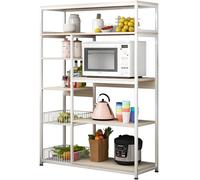 Estantería de Cocina, Estantería para Microondas, Mueble Auxiliar de Cocina de Niveles, Estante Abierto de Pie 2 Mallas metálicas y múltiples Estantes, 80x30x142cm, Madera, Color Blanco y Madera